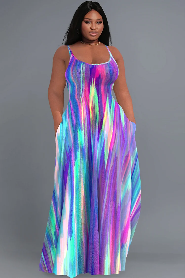 Xpluswear Design Plus Size Casual Multicolor Gradient U Neck Sleeveless Sundress Pocket Maxi Dress