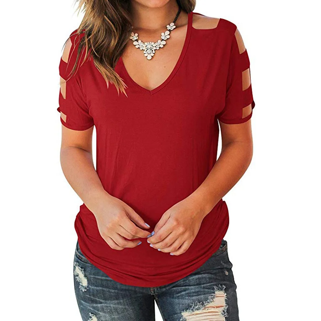 Summer Fashion Sexy Solid Hollow Out Blouse Casual Loose V-Neck Ladies Tee Tops Female Women's Short Sleeve Blusas Pullover