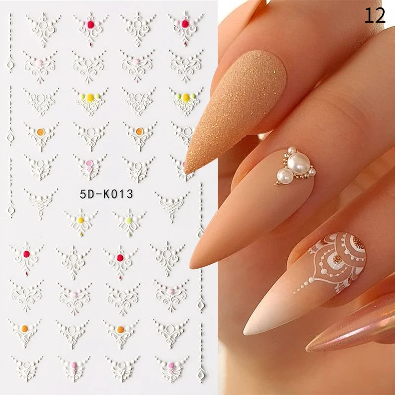 1PC French 5D Nail Sticker Embossed Flower Bubble Pattern Self-Adhesive Slider Wedding Design Nails Decals Nail Art Decoration-Nail Inspo