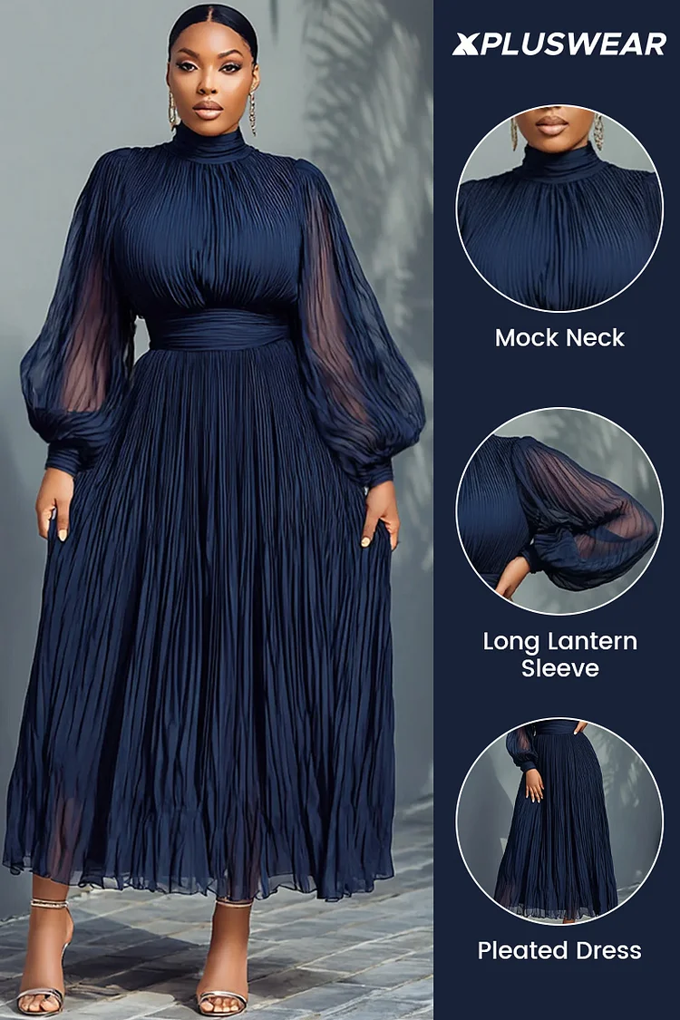 Xpluswear Design Plus Size Churchs Navy Blue Mock Neck Lantern Sleeve Long Sleeve See Through Elegant Ruffled Midi Dresses