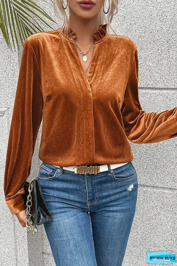 Gold Flame Frilled V Neck Velvet Blouse