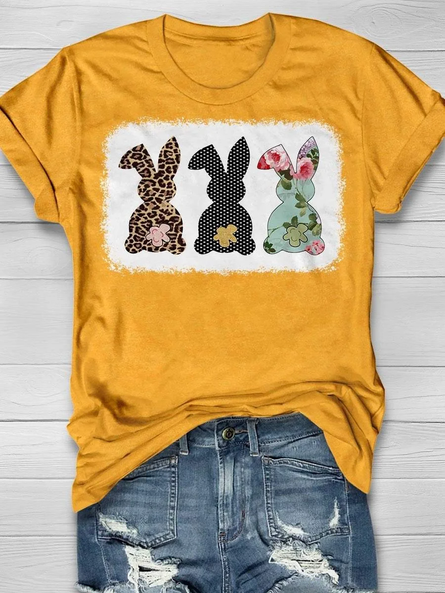 Triple Patterned Bunny Print Short Sleeve T-shirt
