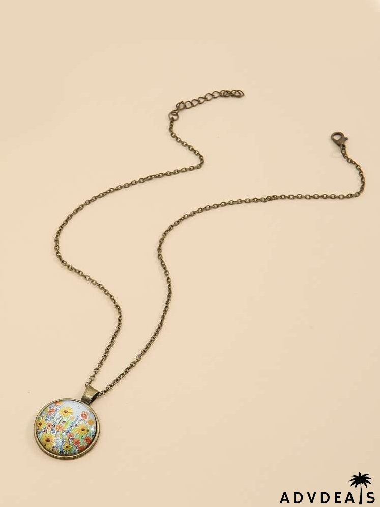 Flower Print Round Pendant Necklace