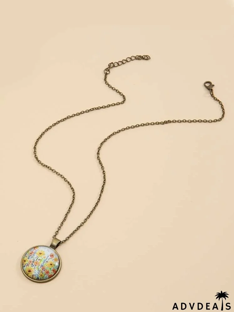 Flower Print Round Pendant Necklace