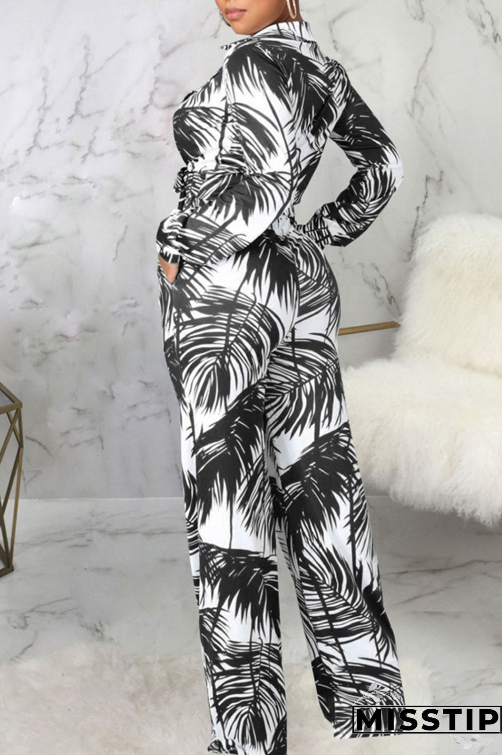 Cyan Casual Print Bandage Patchwork Turn-back Collar Long Sleeve Two Pieces
