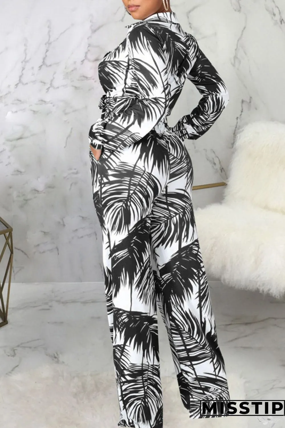 Cyan Casual Print Bandage Patchwork Turn-back Collar Long Sleeve Two Pieces