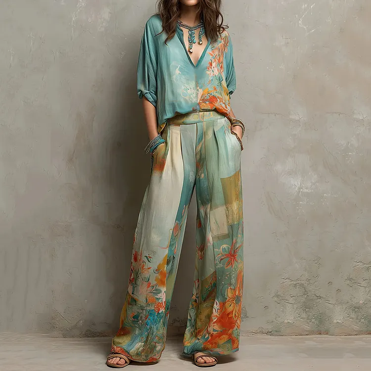 Retro Floral Print Shirt Two Piece Set