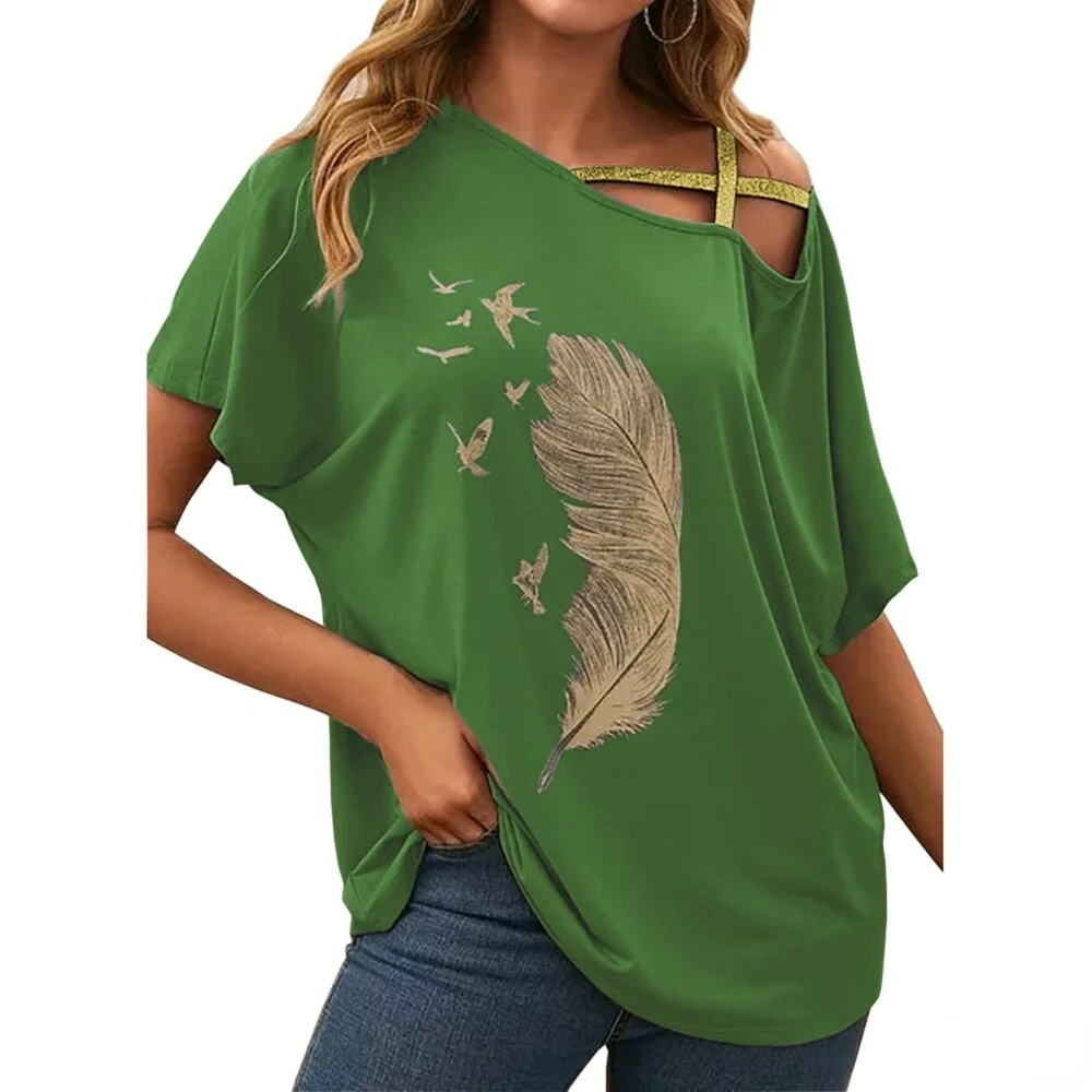 Women Summer Shirts Blouses Loose Short Sleeve One Shoulder Blouse Casual Shirt Feather Print Blusas Cortas Sexy Female Tops