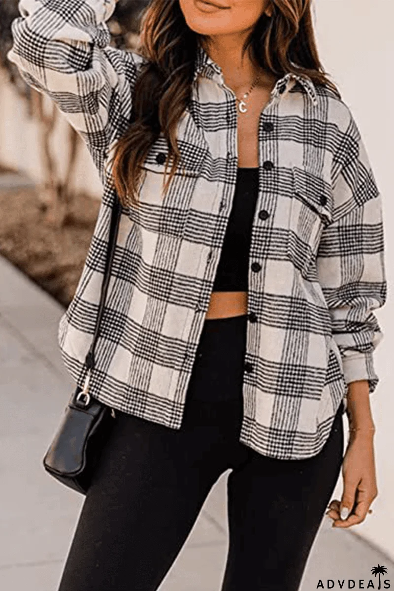 Plaid Buckle Turndown Collar Tops