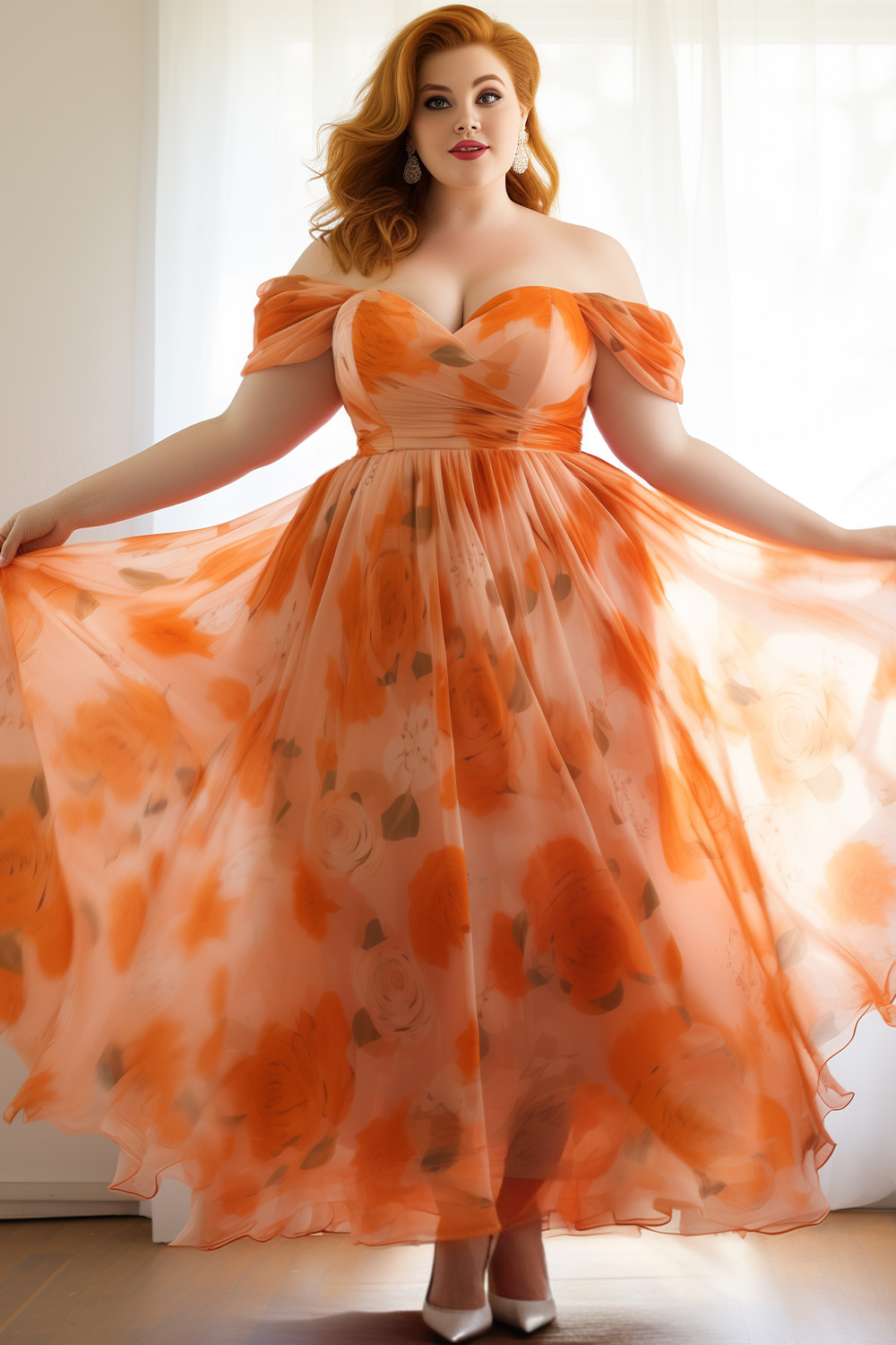 Flycurvy Plus Size Wedding Guest Orange Chiffon Floral Print Off The Shoulder Maxi Dress 2024 - Flycurvy 