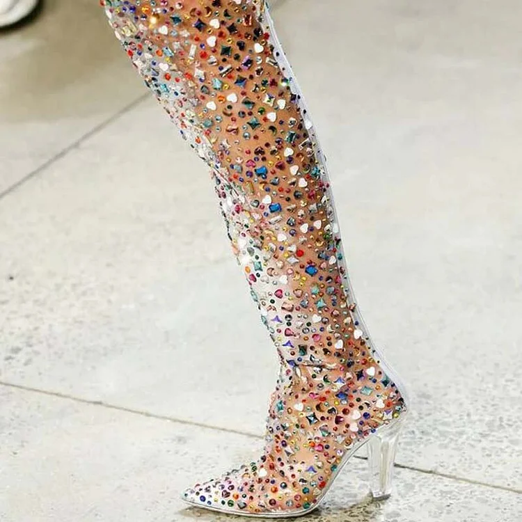 Multicolor Rhinestones Clear Boot Pointy Toe Chunky Heels Thigh Boots |FSJ Shoes