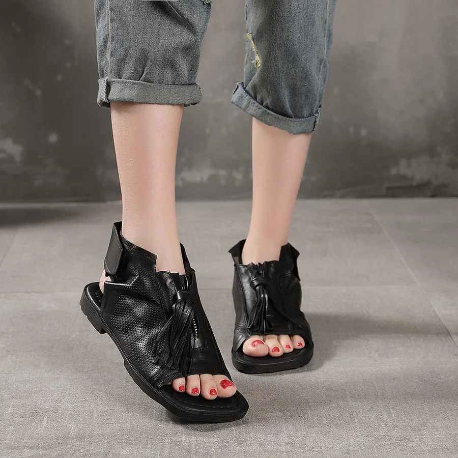 Leather Gladiator Sandals Peep Toe Retro Handmade Sandals Boots