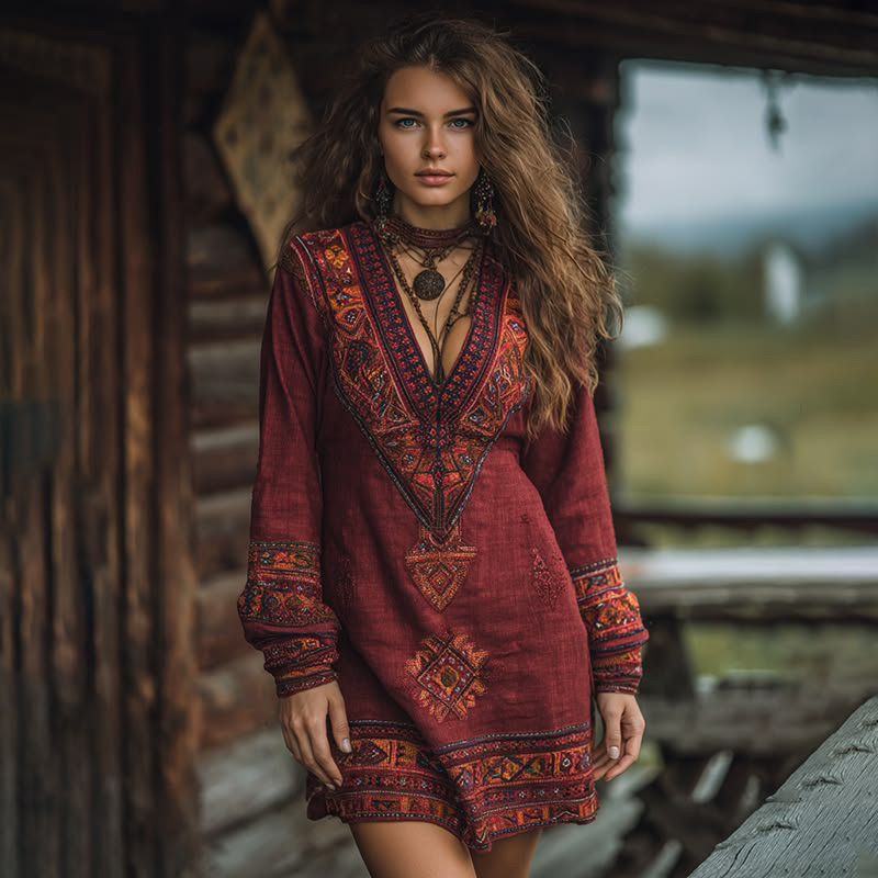 Women's Vintage Boho Tribal Ethnic Print V-neck Linen Blend Long Sleeve Dress - Helixace