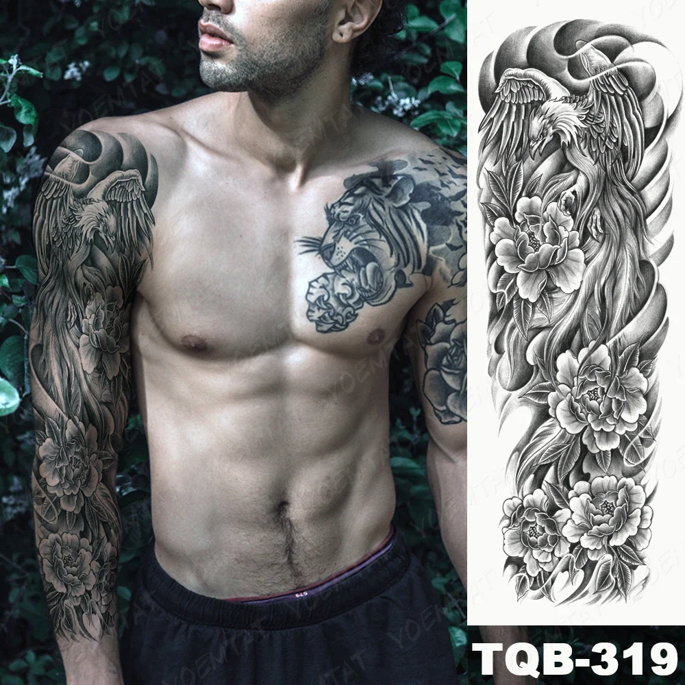 Sdrawing Arm Waterproof Traditional Temporary Tattoo Stickers Women Men Black Line Flowers Koi Crane Thigh Body Art Fake Tattoos