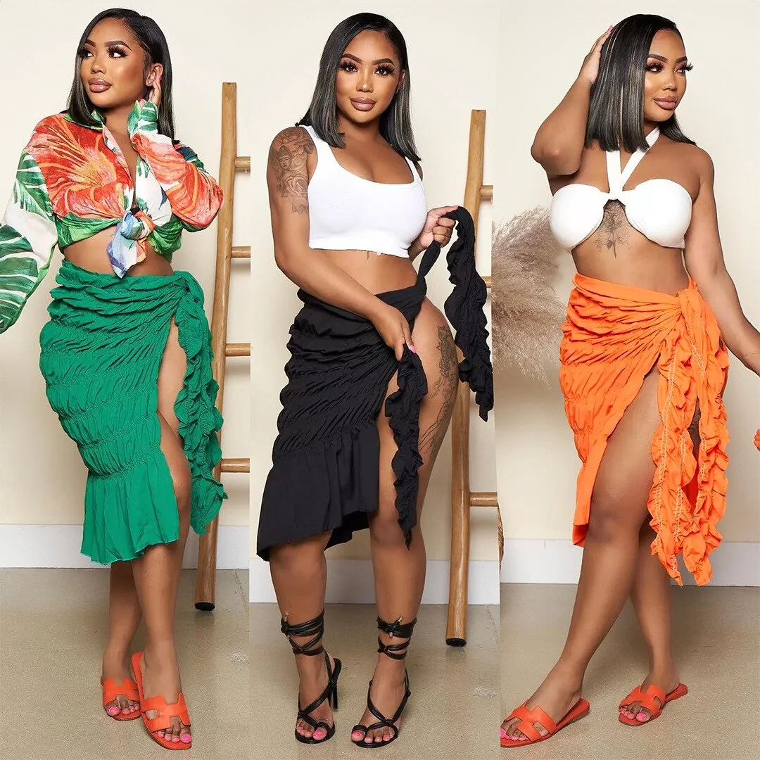 Sdrawing Neon Split Stretch Pleated Wrap Skirt Women Clothing 2023 Fashion Sexy Summer Beach Vacation Midi Skirts D74-CD23