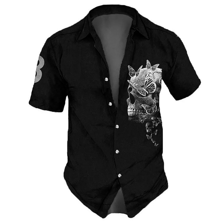 Skull Lapel Streetwear Vintage Shirt Street Hip Hop Short Sleeve Top Hawaiian Shirts at Hiphopee