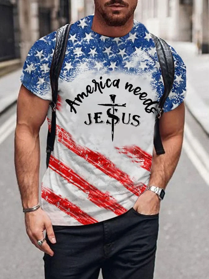 Men's Independence Day America Needs Jesus American Flag Print T-Shirt socialshop
