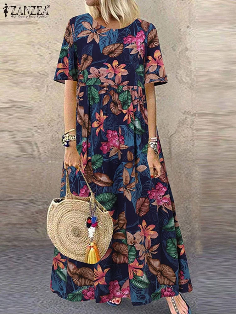 2022 ZANZEA Bohemian Holiday Sundress Summer Women Vintage Floral Printed Short Sleeve Beach Dress Loose Long Vestido Robe Femme