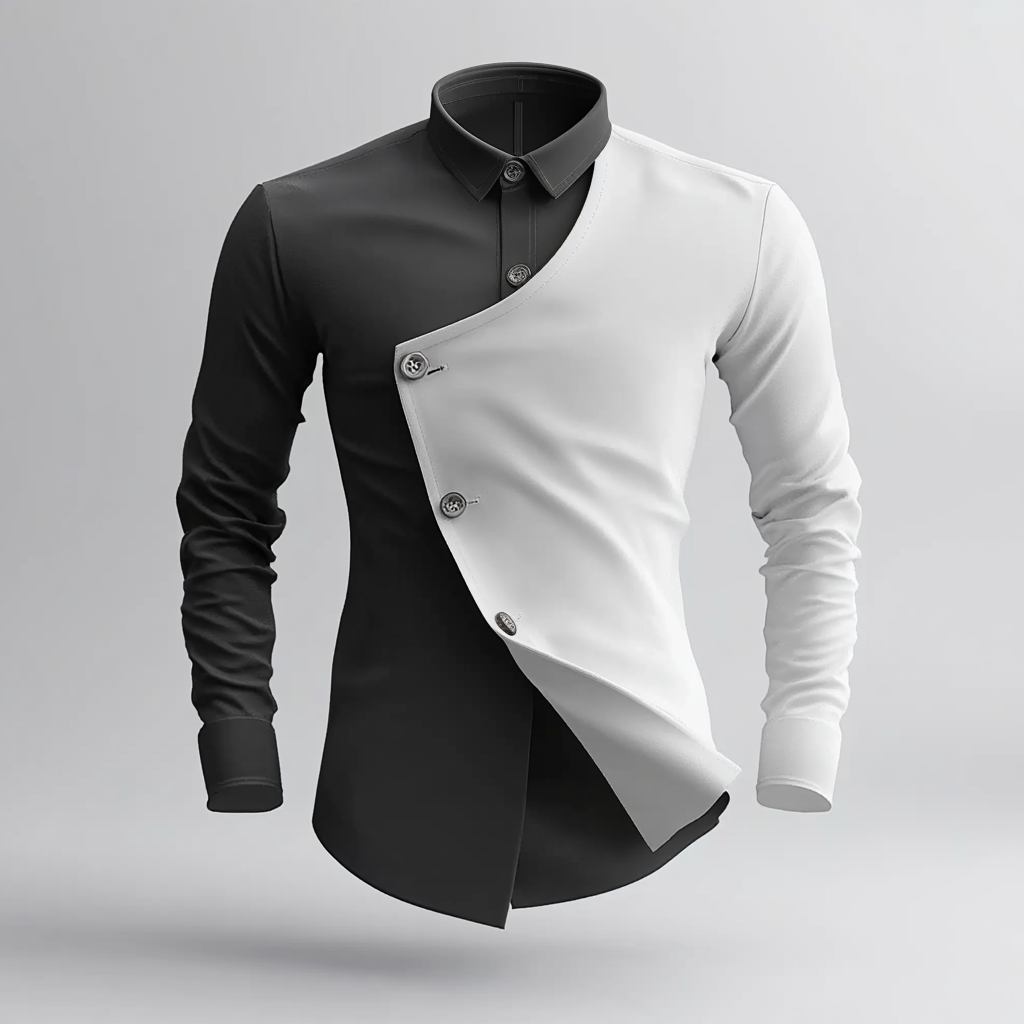 Men's Contrast Color Slant Button Turndown Collar Long Sleeve Shirt