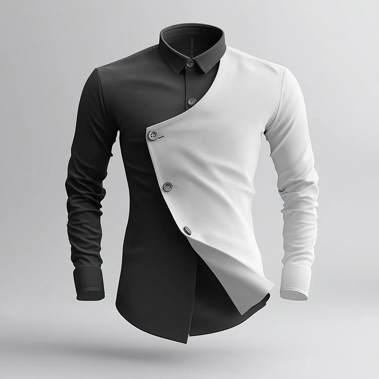 Men's Contrast Color Slant Button Turndown Collar Long Sleeve Shirt
