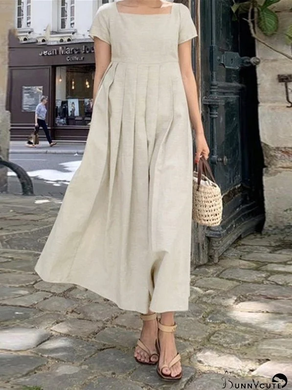Dresses Square Neck Pleated Short Sleeve Dress for Women