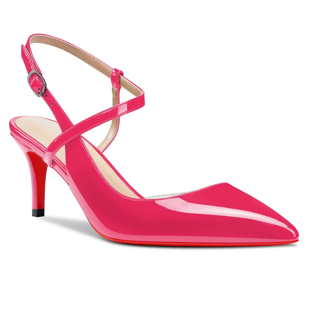 65mm Women Slingback Pumps Ankle Strap Jenlove Stiletto Mid Heel Close Pointed Toe Dress Red Bottoms Shoes-vocosishoes