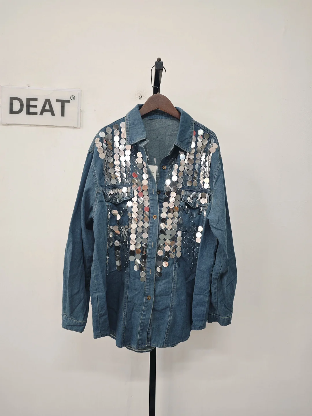 Huibahe Women's Denim Shirt Loose Patchwork Full Sequins Single Breasted Blue Long Sleeve Blouse 2024 Summer New Fashion 29L6408