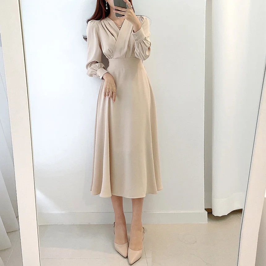 2021 Dresses for Women Vintage Robe V-neck Puff Sleeve Folds Vestidos Mujer High Waist Temperament Dress