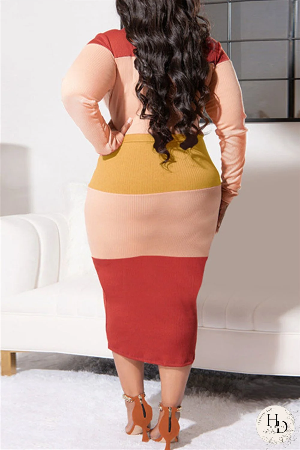 Red Yellow Fashion Casual Patchwork O Neck Long Sleeve Plus Size Dresses
