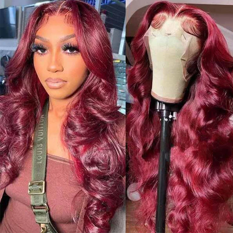 4x4 Transparent Lace Closure Wig Glueless Brazilian 99j Burgundy Colored Body Wave Virgin Human Hair Wigs