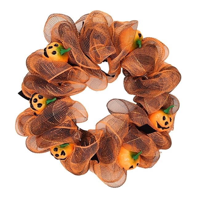 583B Halloween Pumpkin Ribbon Mesh Wreath with LED Lights Front Door Luminous Garland