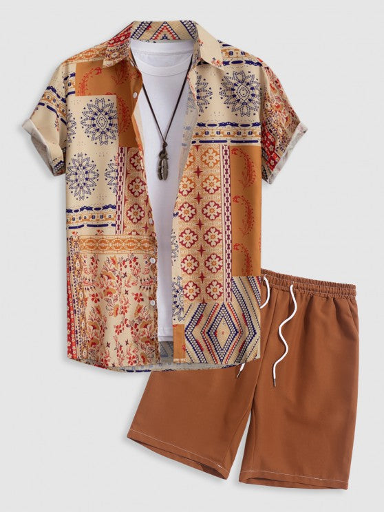 Retro Floral Print And Casual Shorts Set