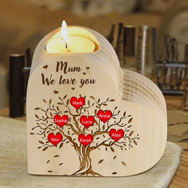 7 Names-Personalized Mum/Nan Family Tree Heart Wooden Candle Holder, Custom Name And Text Family Candlestick for Mother/Grandma