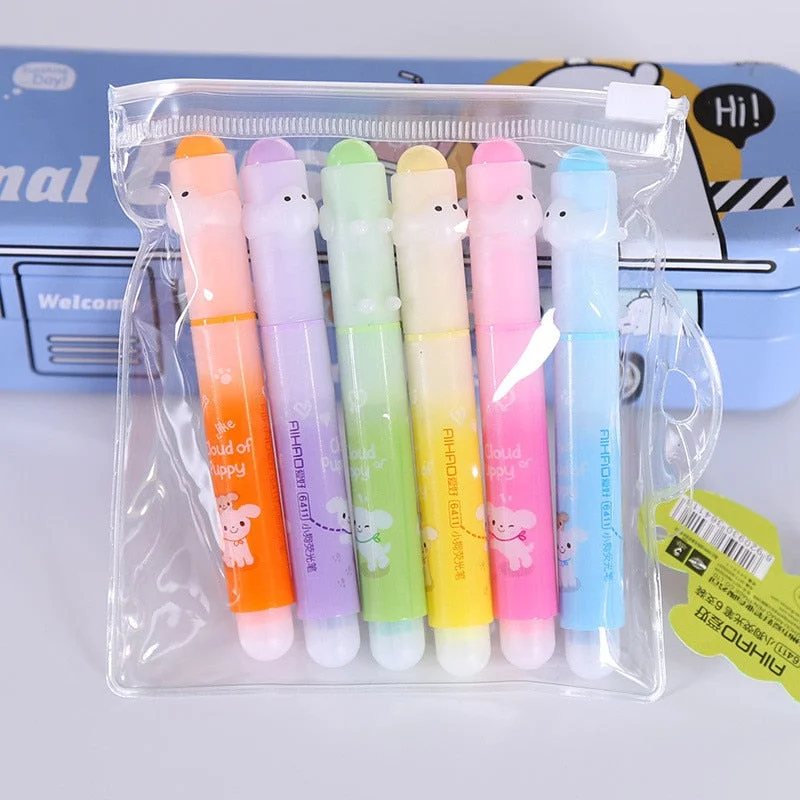 6Pcs/set Cute Lovely Dog Colorful Highlighter Marker Pen Drawing Fluorescence Marker Pen School Office Supply Student Stationery