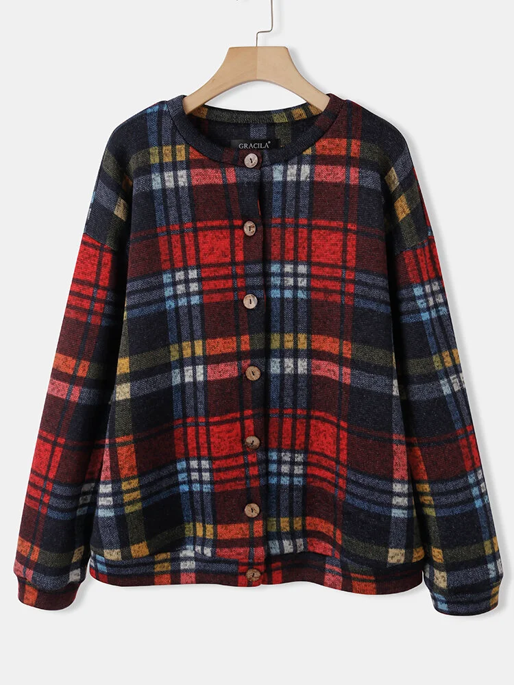 Color Plaid Print Long Sleeves O-neck Button Casual Coat For Women