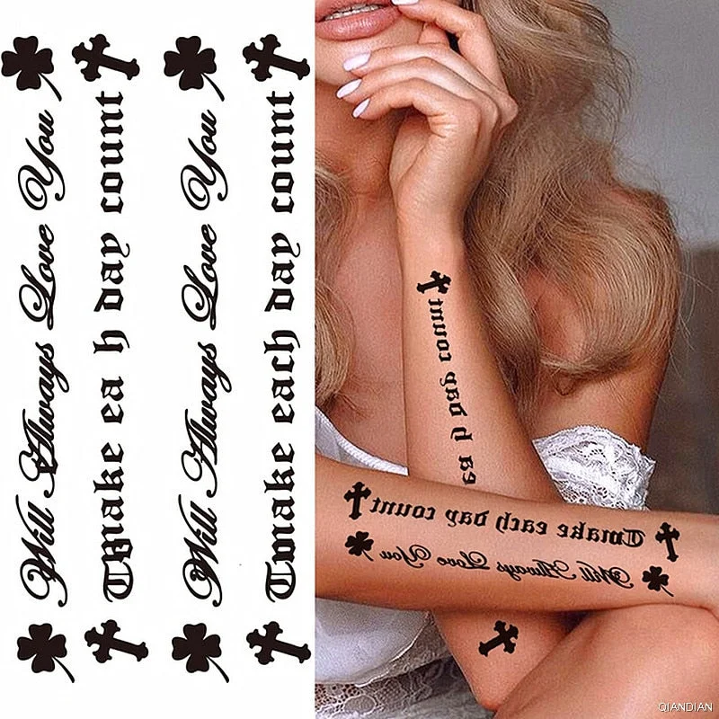 Watercolor Arm Letter Temporary Tattoos Sleeve English Word Lip Print Feather Decorate Realistic Fake Body Women Totem Sticker