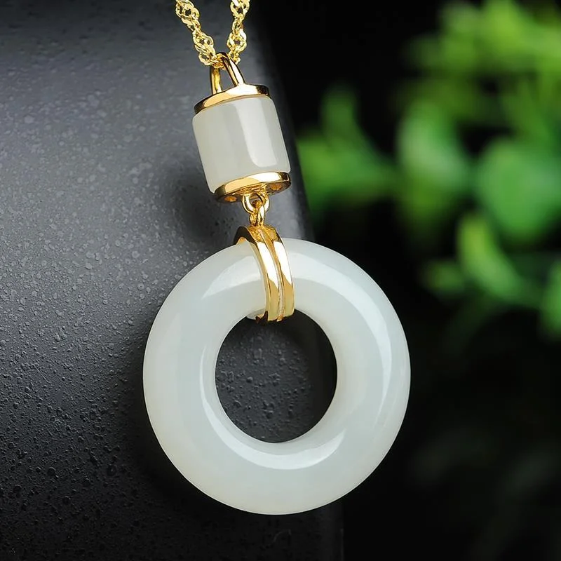 Sterling Silver Natural Hetian White Jade Peace Buckle Pendant Necklace - Elegant & Timeless Women's Jewelry with Cultural Charm