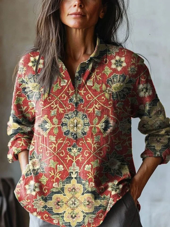 Women's Vintage Lovely Floral Art Print Casual Cotton And Linen Shirt