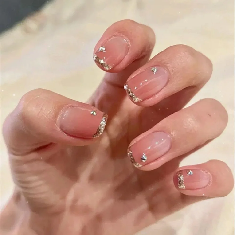 24pcs Glitter Metal Silver Side Short Cover acrylic press on nails with Glue Women Purple Gray Gradient Nude Color Fake Nail-Nail Inspo