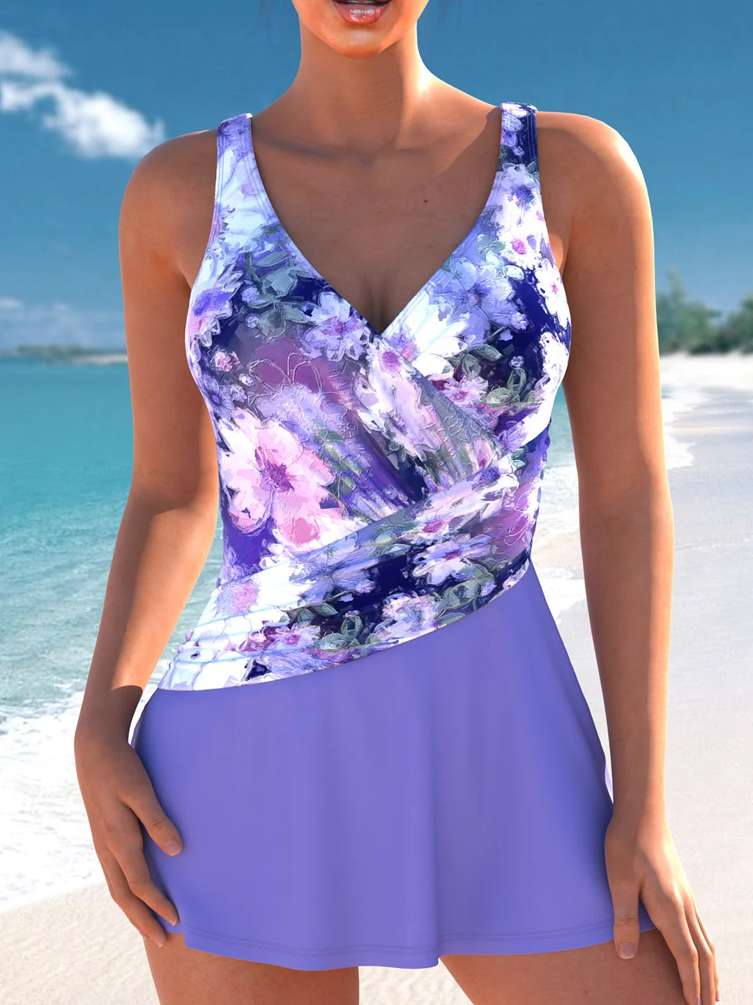Women plus size clothing Surplice Purple Floral Printed One Piece Swimdress-Nordswear