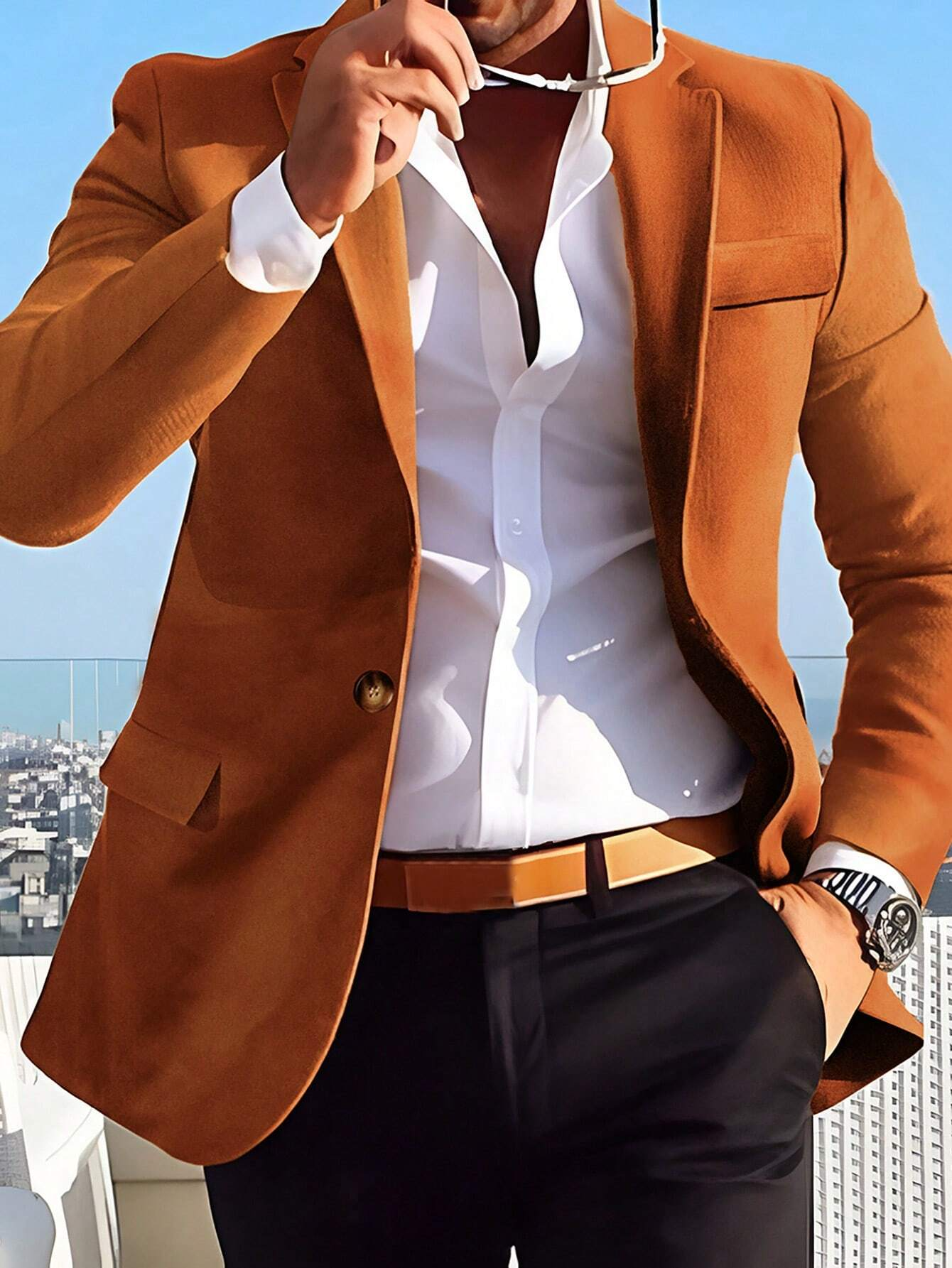 Men's Plain One Button Flap Pocket Notch Lapel Blazer