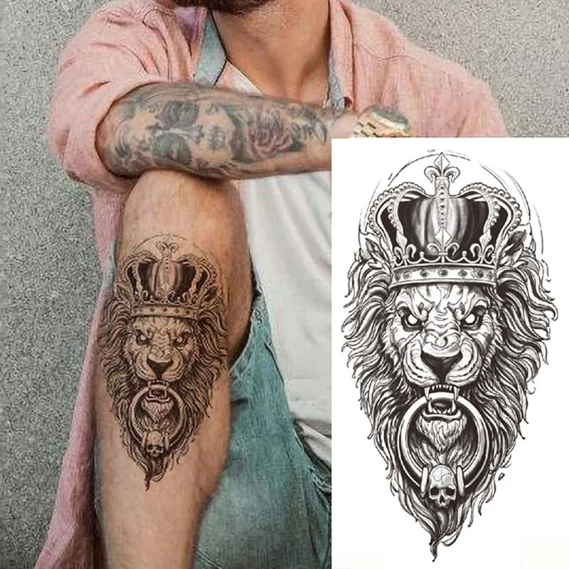 Sdrawing Forest Tattoo Sticker for Men Women Tiger Wolf Death Skull Temporary Tattoo Fake Henna Skeleton King Animal Tatoo Pattern