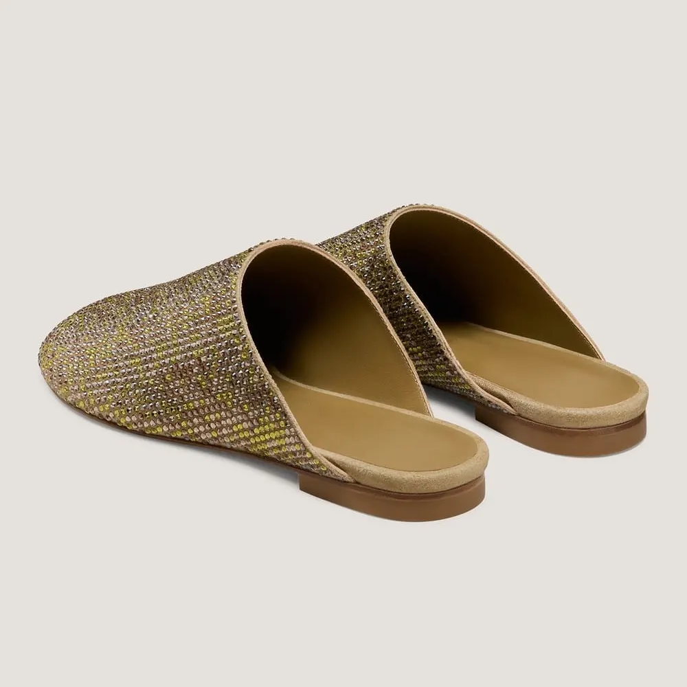 Olive Vegan Suede Slip On Flat Round Toe Rhinestone Mules for Women