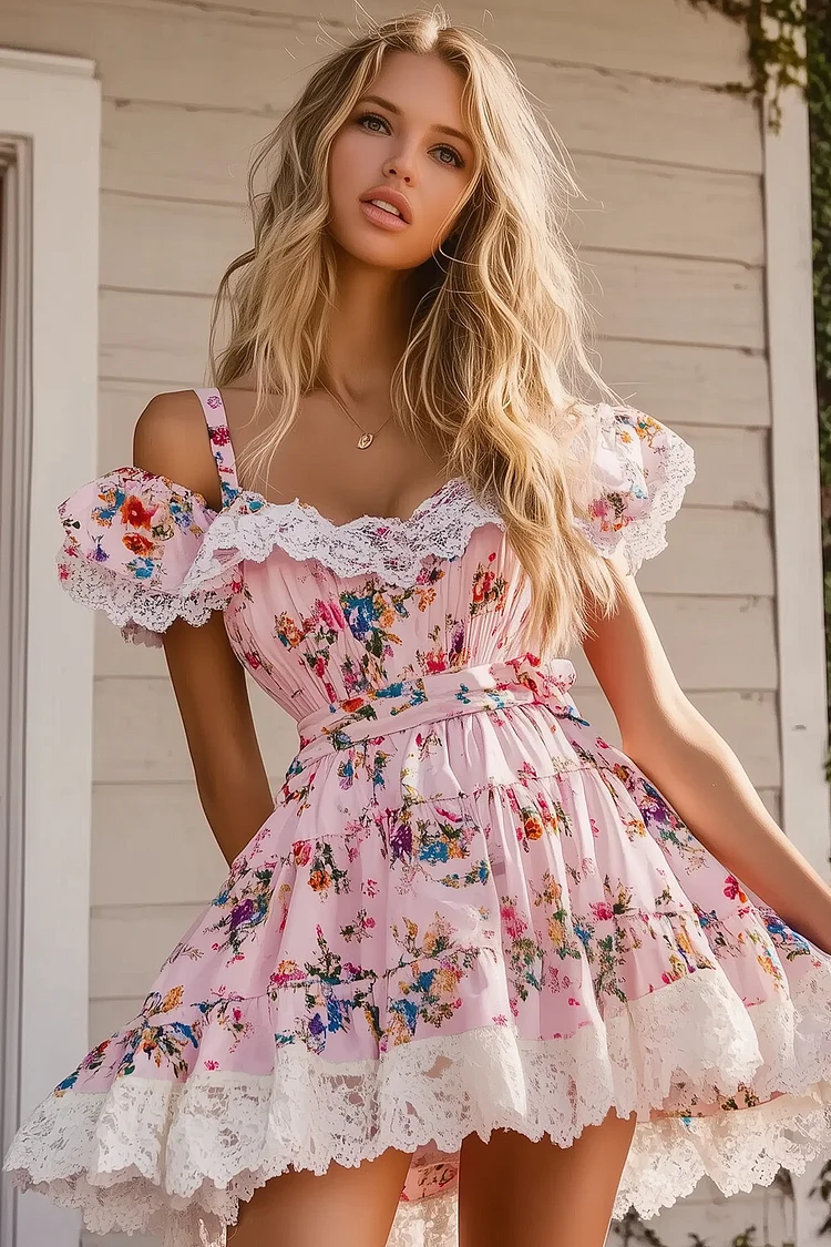 Floral Print Lace Patchwork Cold Shoulder Slip Mini Dresses-Pink [Pre Order]