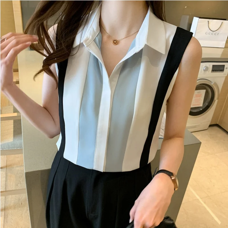 Summer 2021 New Vest Shirt Women Sleeveless Chiffon Shirt Cardigan Fashion Striped Shirts Lady Tops Blusas Casaul Clothes 13923