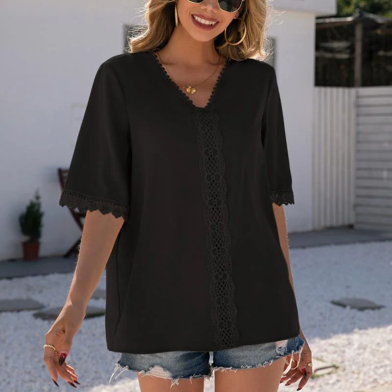 2022 Summer Solid Blouses For Women Fashion Lace Patchwork V Neck Half Sleeve Plus Size Shirts Tops Female Casual Elegant Blouse