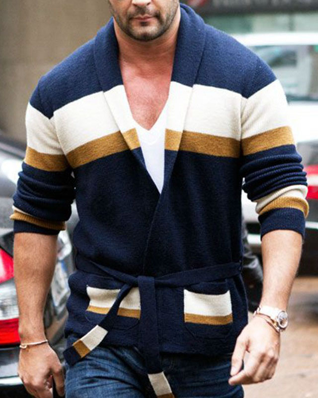 Men's Cardigan Striped Long Sleeve Knitted Sweater