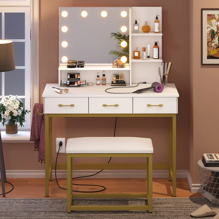 Bestier Makeup Vanity Set with Lighted Mirror, Dressing Desk with Cushioned Stool Set