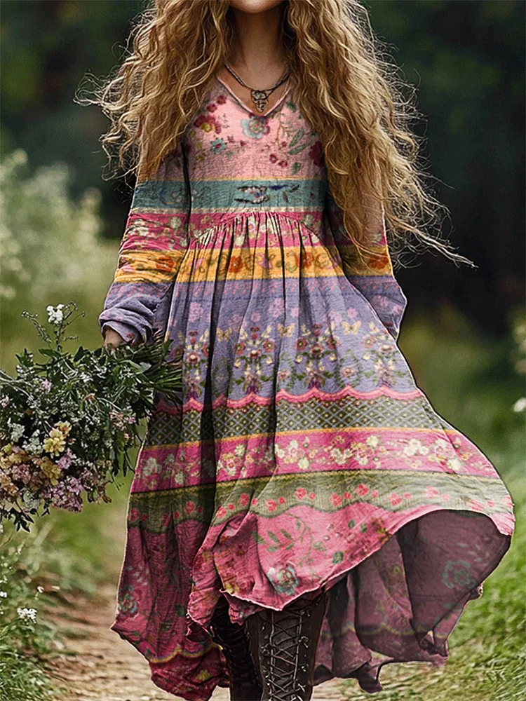 Women's Striped Floral Patchwork Art Print Pocket Cotton Dress