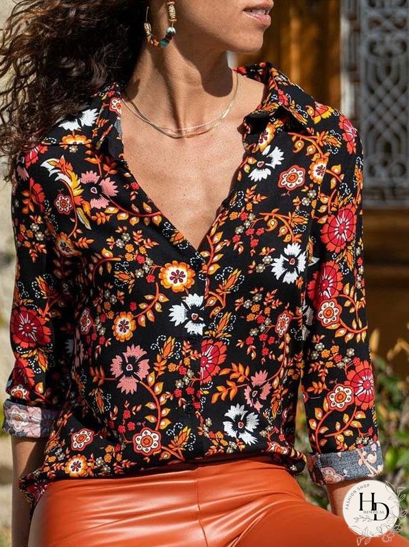 Blouses Printed Lapel Button Long Sleeve Blouse for Women